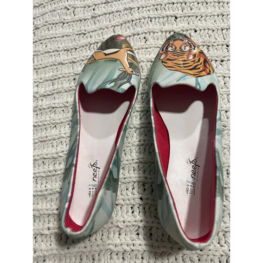 Reefs Flats Tiger Deer Wildlife Ballerina Forest Shoes Womens 36 Green Handmade
